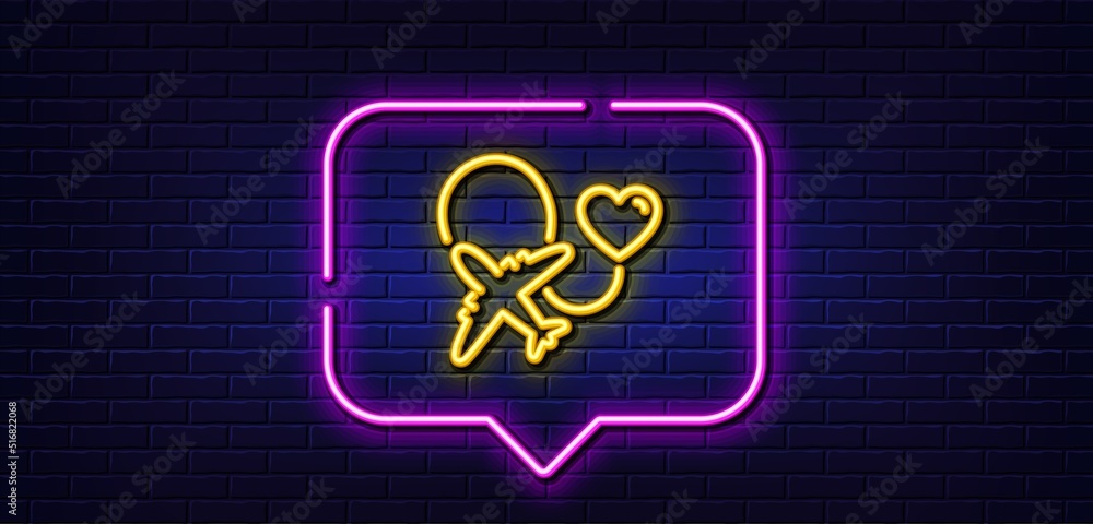 Neon light speech bubble. Honeymoon travel line icon. Love trip sign. Valentines day flight symbol. Neon light background. Honeymoon travel glow line. Brick wall banner. Vector Neon light speech bubble. Honeymoon travel line icon. Love trip sign. Valentines day flight symbol. Neon light background. Honeymoon travel glow line. Brick wall banner. Vector