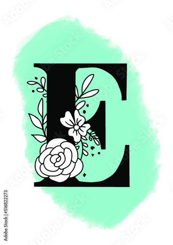 Logo de brocha con letra E y flores