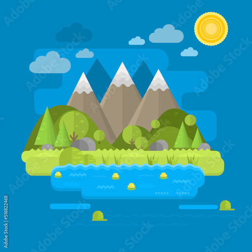 Vector poster with a natural landscape. View of the mountains. Flat design.