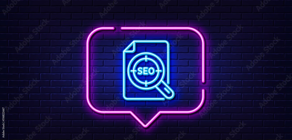 Neon light speech bubble. Seo target line icon. Search engine optimization sign. File document symbol. Neon light background. Seo file glow line. Brick wall banner. Vector Neon light speech bubble. Seo target line icon. Search engine optimization sign. File document symbol. Neon light background. Seo file glow line. Brick wall banner. Vector