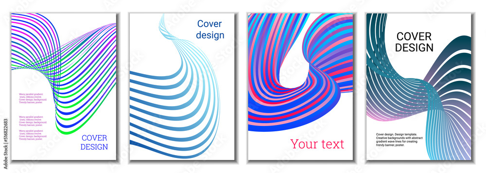 A set of 4 abstract covers. Wavy parallel gradient lines, ribbons evolve. Cover design, background. Trendy banner, poster. A set of 4 abstract covers. Wavy parallel gradient lines, ribbons evolve. Cover design, background. Trendy banner, poster.
