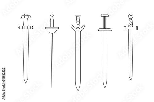  Medieval long swords drawn art line style. Set of simple vector images