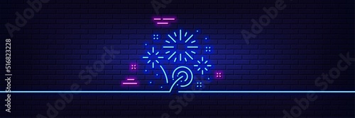 Neon light glow effect. Fireworks line icon. Pyrotechnic salute sign. Carnival celebration lights symbol. 3d line neon glow icon. Brick wall banner. Fireworks outline. Vector