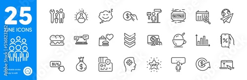Outline icons set. Medical calendar, Internet chat and Online shopping icons. Vip star, Discounts app, Painter web elements. Paper plane, Payment, Swipe up signs. Recruitment. Vector