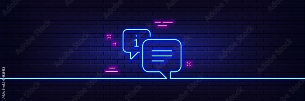 Neon light glow effect. Information line icon. Info speech bubble sign. Help inform symbol. 3d line neon glow icon. Brick wall banner. Info outline. Vector Neon light glow effect. Information line icon. Info speech bubble sign. Help inform symbol. 3d line neon glow icon. Brick wall banner. Info outline. Vector