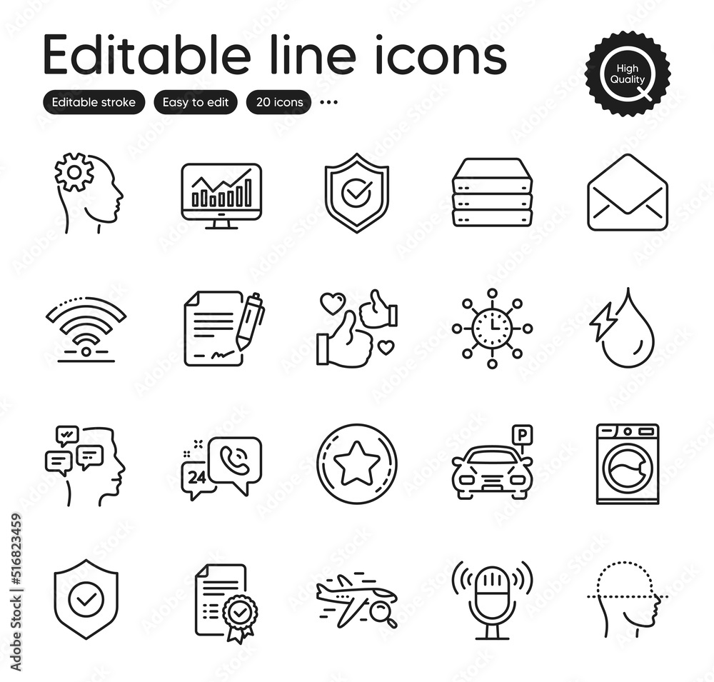 Set of Technology outline icons. Contains icons as Parking, Engineering and Servers elements. Statistics, Search flight, Wifi web signs. Face scanning, Certificate, Signing document elements. Vector Set of Technology outline icons. Contains icons as Parking, Engineering and Servers elements. Statistics, Search flight, Wifi web signs. Face scanning, Certificate, Signing document elements. Vector