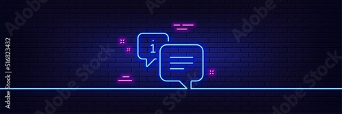 Neon light glow effect. Information line icon. Info speech bubble sign. Help inform symbol. 3d line neon glow icon. Brick wall banner. Info outline. Vector