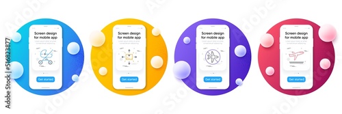Minimal set of Baby carriage, Flight mode and Cardboard box line icons for web development. Phone ui interface mockup with balls. Departure plane icons. Vector