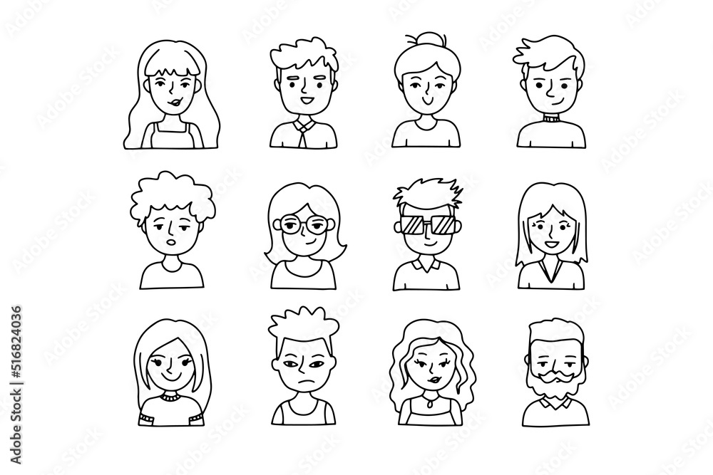 Faces outline doodle people set. Human Avatars Collection. Drawing Old and young age. Faces outline doodle people set. Human Avatars Collection. Drawing Old and young age.