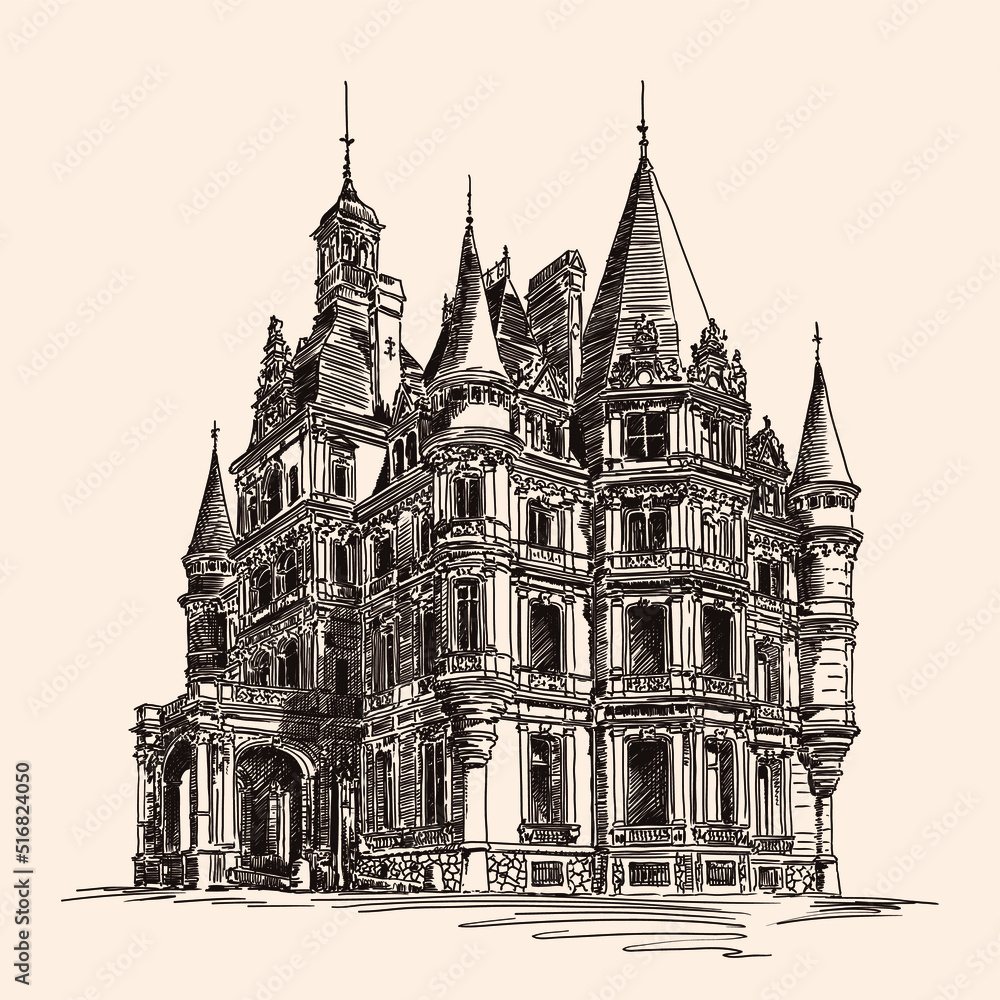 A quick pencil sketch of a classic Victorian brick building with towers
