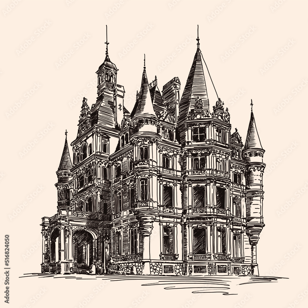A quick pencil sketch of a classic Victorian brick building with towers A quick pencil sketch of a classic Victorian brick building with towers