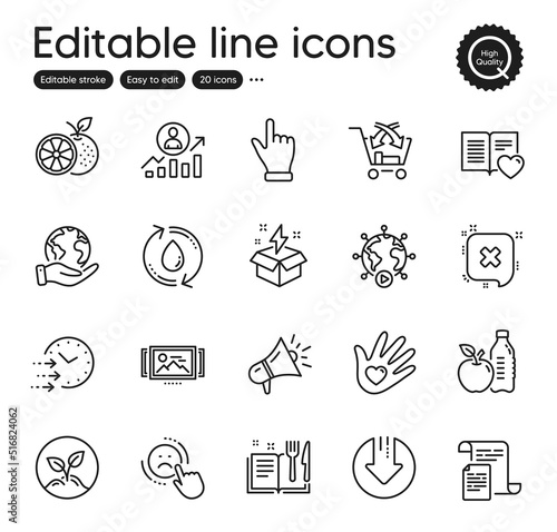 Set of Business outline icons. Contains icons as Documents, Delivery time and Video conference elements. Image carousel, Career ladder, Love book web signs. Megaphone, Healthy food. Vector