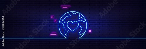 Neon light glow effect. World donation line icon. Global charity sign. Online donate symbol. 3d line neon glow icon. Brick wall banner. Donation outline. Vector