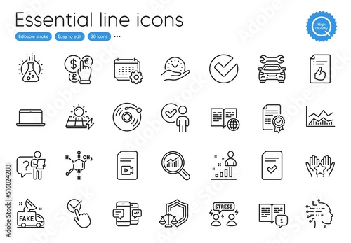 Fake news, Vinyl record and Calendar line icons. Collection of Search employee, Manual, Smartphone sms icons. Artificial intelligence, Checkbox, Car web elements. Certificate, Video file. Vector