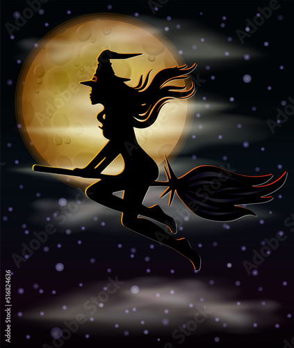 Happy Halloween greeting card. Young witch and moon, vector illustration.	