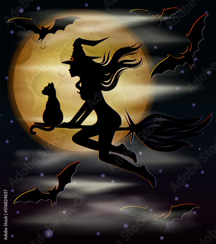 Happy Halloween vip card. Witch and black cat, vector	illustration
