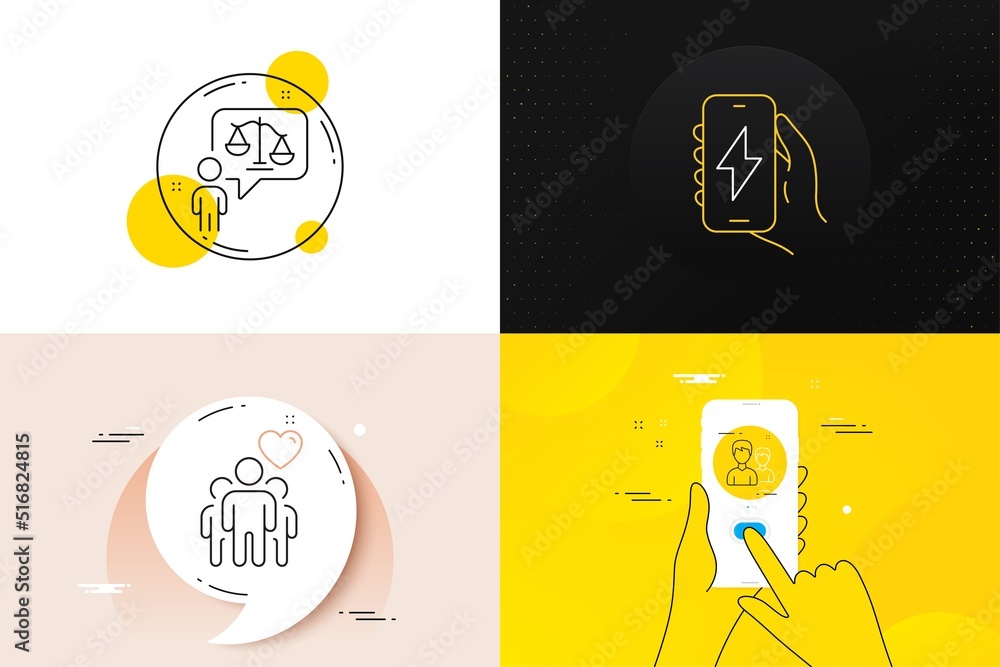 Minimal set of Charging app, Lawyer and Couple line icons. Phone screen, Quote banners. Friendship icons. For web development. Smartphone charger, Court judge, Two male users. Trust friends. Vector Minimal set of Charging app, Lawyer and Couple line icons. Phone screen, Quote banners. Friendship icons. For web development. Smartphone charger, Court judge, Two male users. Trust friends. Vector