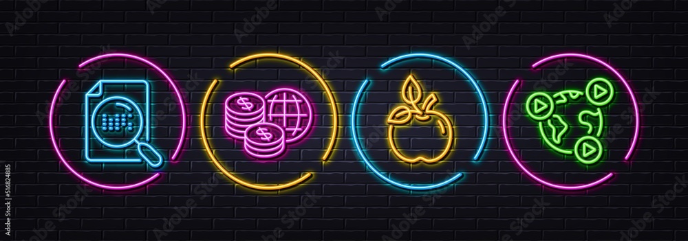 Search file, Eco food and World money minimal line icons. Neon laser 3d lights. Video conference icons. For web, application, printing. Find document, Organic tested, Global markets. Vector