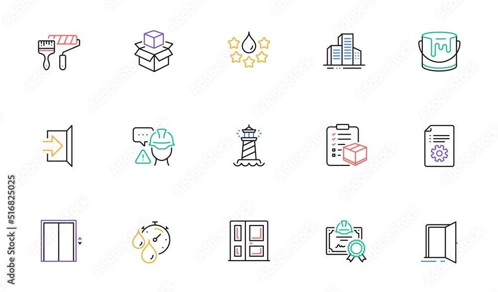 Paint roller, Quality and Certificate line icons for website, printing. Collection of Builder warning, Technical documentation, Parcel checklist icons. Open door, Entrance, Timer web elements. Vector Paint roller, Quality and Certificate line icons for website, printing. Collection of Builder warning, Technical documentation, Parcel checklist icons. Open door, Entrance, Timer web elements. Vector
