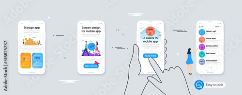 Face search, Fake news and Financial diagram line icons for website, printing. Phone ui interface. Collection of Heart, Loan, File settings icons. Vector