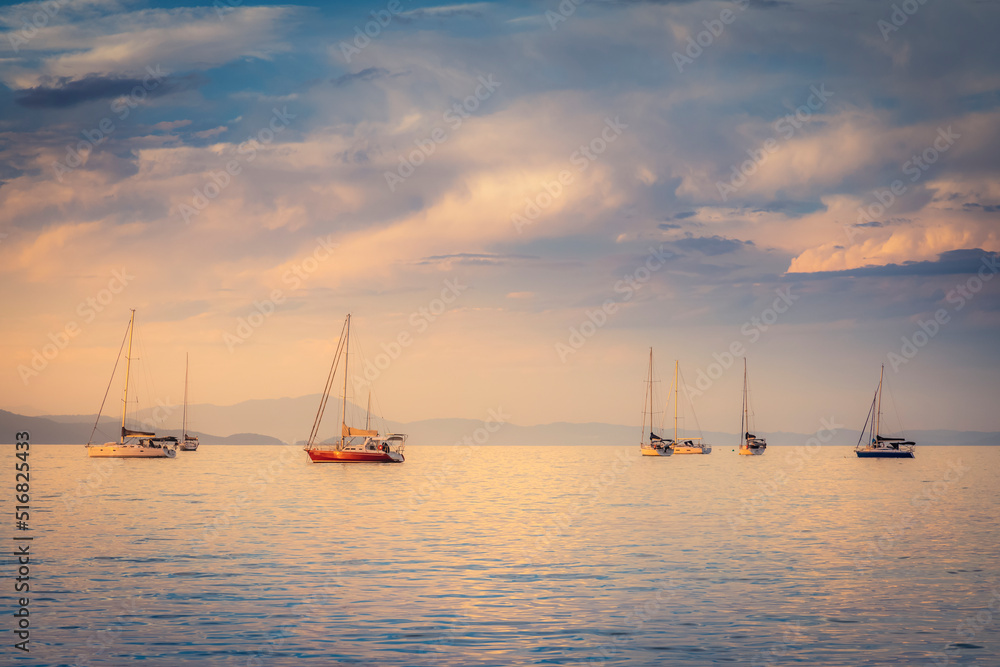 Bay with sailboats and yachts at sunset Florianopolis, Brazil