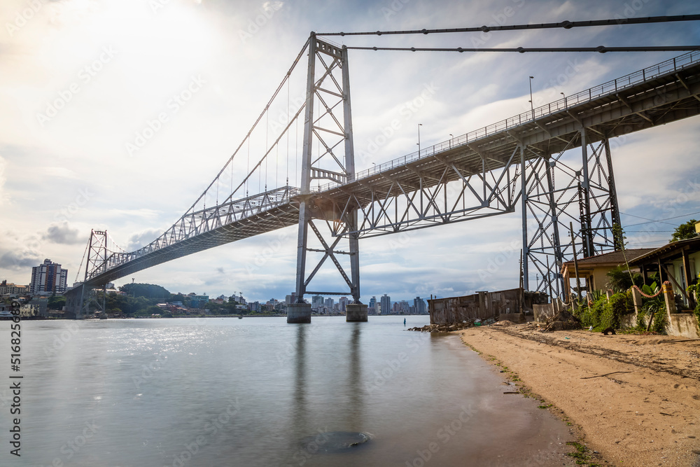 Long exposure Hercilio Luz bridge at sunrise, Florianopolis, Brazil