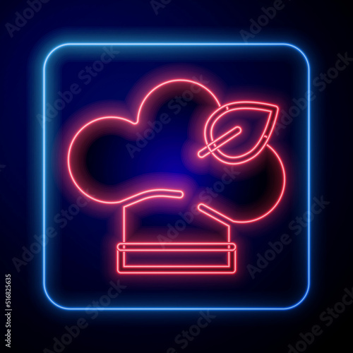 Glowing neon Vegan food diet icon isolated on black background. Organic, bio, eco symbol. Vegan, no meat, lactose free, healthy, fresh and nonviolent food. Vector