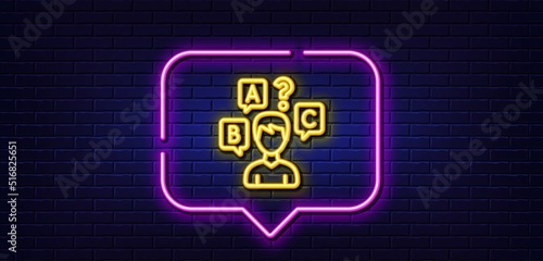 Neon light speech bubble. Quiz test line icon. Select answer sign. Business interview symbol. Neon light background. Quiz test glow line. Brick wall banner. Vector
