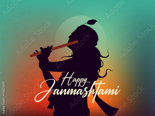 Happy Janmashtami text with Lord Krishna playing flute vector illustration