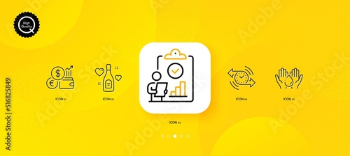 Love champagne, Inspect and Timer minimal line icons. Yellow abstract background. Wash hands, Currency rate icons. For web, application, printing. Valentines day, Research report, Stopwatch. Vector