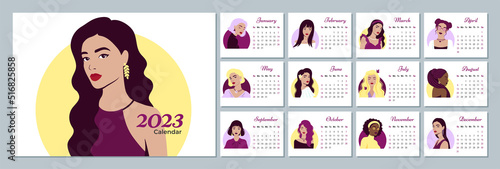 Calendar 2023 template with beautiful women. Design of calendar with girls.Vector illustration. Set of 12 Months calendars. The week starts on Sunday