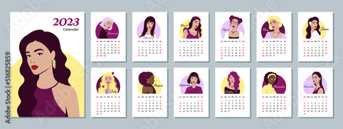 Calendar 2023 template with beautiful women. Design of calendar with girls.Vector illustration. Set of 12 Months calendars. The week starts on Sunday