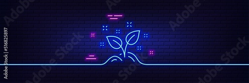 Neon light glow effect. Startup concept line icon. Idea leaves sign. Launch project symbol. 3d line neon glow icon. Brick wall banner. Startup concept outline. Vector