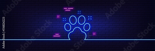 Neon light glow effect. Pet friendly line icon. Dog paw sign. Hotel service symbol. 3d line neon glow icon. Brick wall banner. Pet friendly outline. Vector