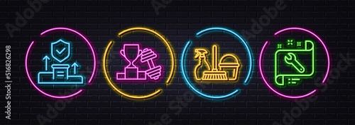 Household service, Dumbbell and Security agency minimal line icons. Neon laser 3d lights. Spanner icons. For web, application, printing. Cleaning equipment, Winner cup, Cyber protection. Vector