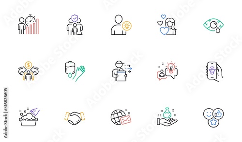 Blood, Food delivery and Chemistry lab line icons for website, printing. Collection of Like, Handshake, User idea icons. Sharing economy, Idea, Hand washing web elements. Music app. Vector