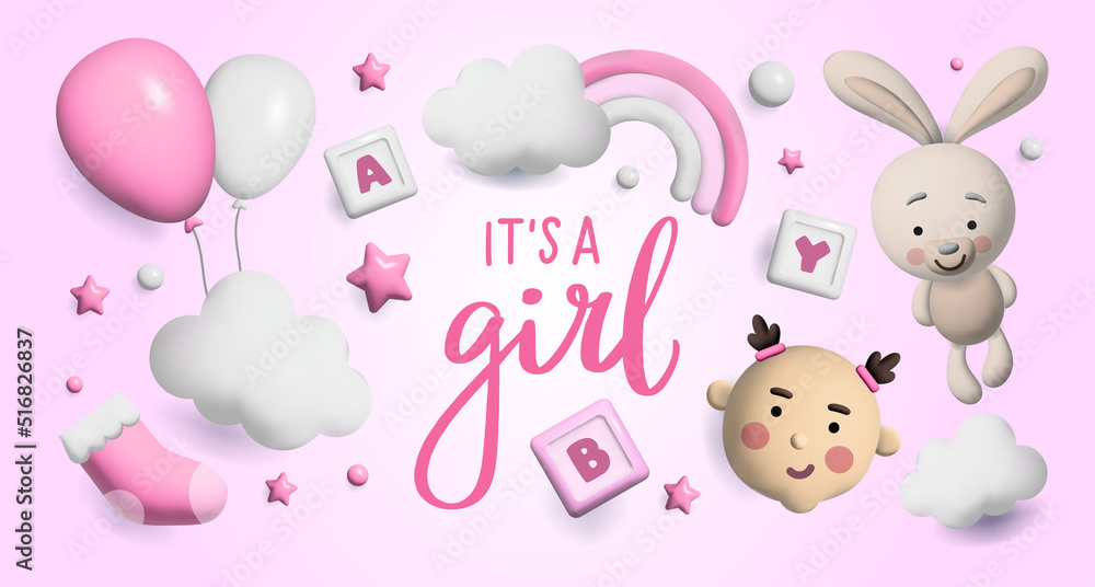 Baby shower 3d space. Banner poster on Baby shower in render style. Lettering its a girl. 
