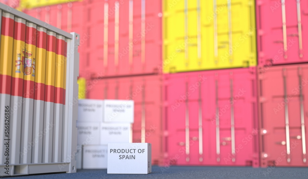 Obraz premium Box with PRODUCT OF SPAIN text and cargo containers. 3D rendering