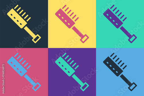 Pop art Sauna brush icon isolated on color background. Wooden brush with coarse bristles for washing in the bath. Anti cellulite massage. Vector