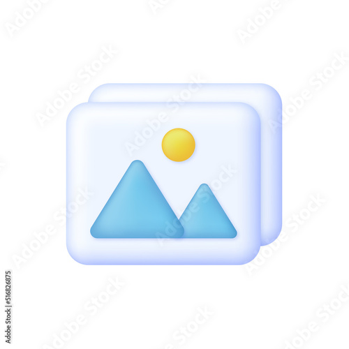 3D Image icon isolated on white background. Picture, jpg file, photo icon. Gallery icon. Mountains and sun. Can be used for many purposes.