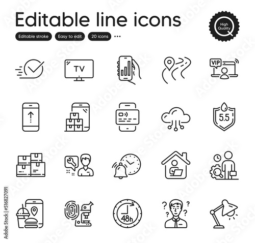 Set of Technology outline icons. Contains icons as Inspect, Repairman and Work home elements. Wholesale inventory, Swipe up, Food app web signs. Ph neutral, Road, Mobile inventory elements. Vector
