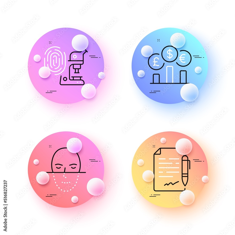 Currency rate, Fingerprint research and Face recognition minimal line icons. 3d spheres or balls buttons. Agreement document icons. For web, application, printing. Vector Currency rate, Fingerprint research and Face recognition minimal line icons. 3d spheres or balls buttons. Agreement document icons. For web, application, printing. Vector