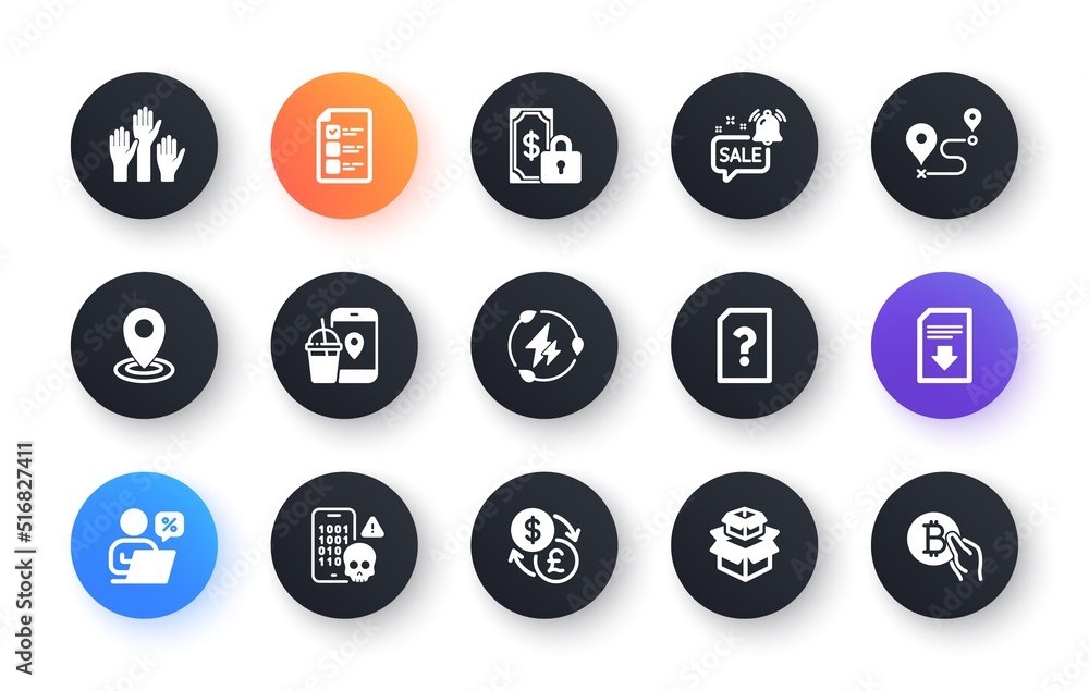Minimal set of Unknown file, Download file and Online discounts flat icons for web development. Journey, Private payment, Location icons. Green electricity, Packing boxes. Vector Minimal set of Unknown file, Download file and Online discounts flat icons for web development. Journey, Private payment, Location icons. Green electricity, Packing boxes. Vector