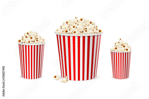 Realistic Detailed 3d Popcorn Bucket Set. Vector