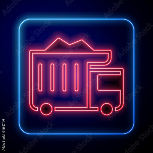 Glowing neon Large industrial mining dump truck icon isolated on black background. Big car. Vector