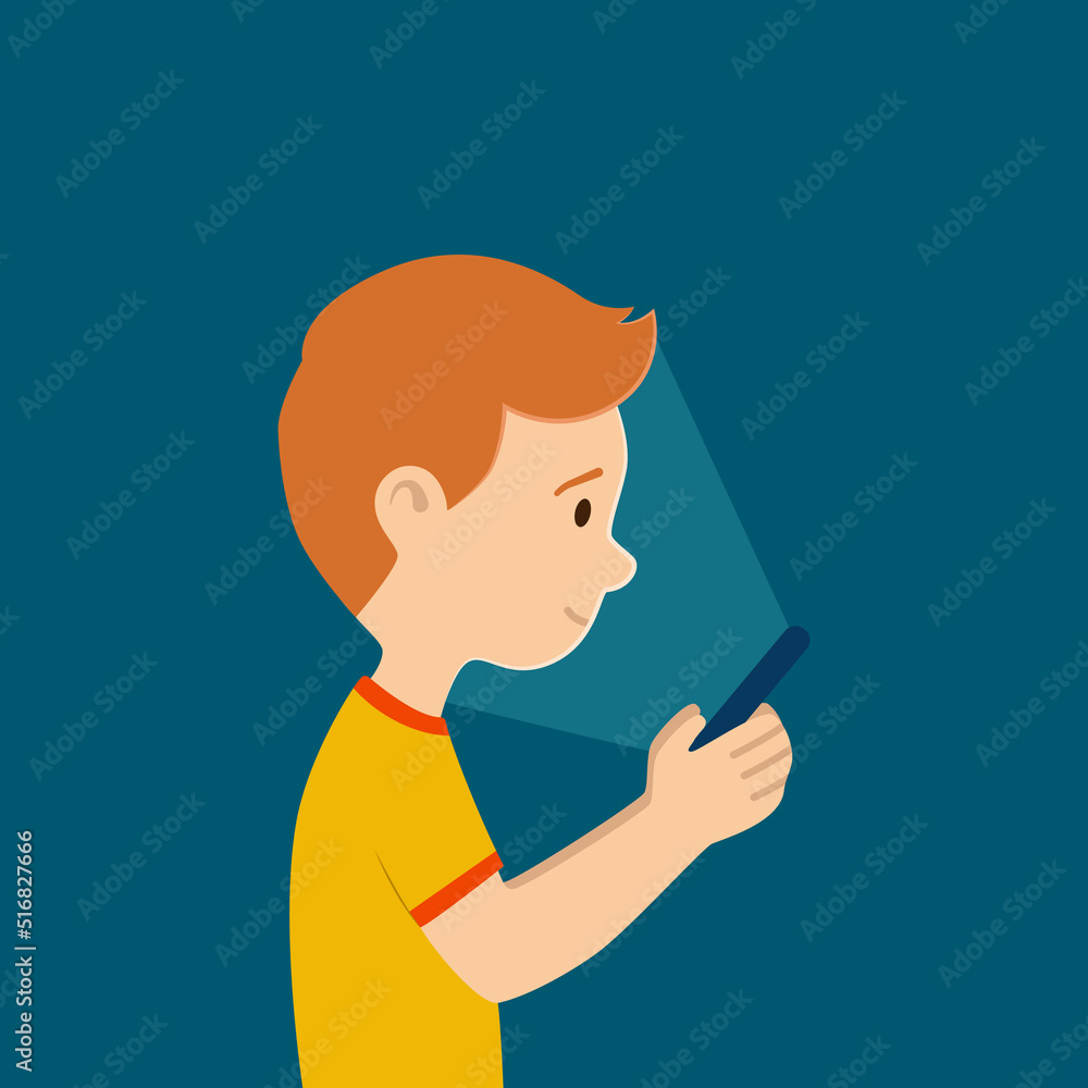 vector illustration of a boy with a smartphone in his hands. child with phone on internet, social network or playing mobile game
