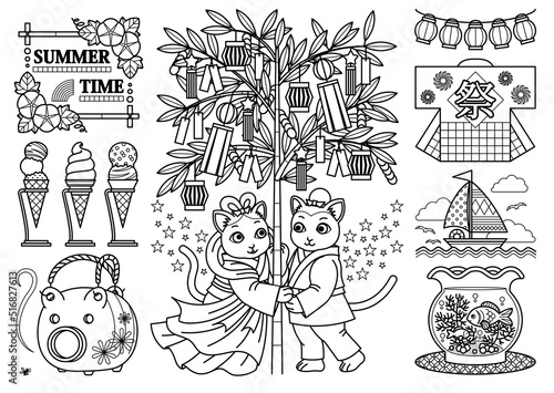 猫のイラスト夏のデザイン「SUMMER TIME（ぬりえ線画）」朝顔・アイスクリーム・蚊取り線香・七夕・織姫彦星・提灯・法被・ヨット・金魚鉢
(Illustration of cat Summer design "SUMMER TIME Line drawing" Morning glory, Ice cream, Star Festival, Yacht, Fishbowl)