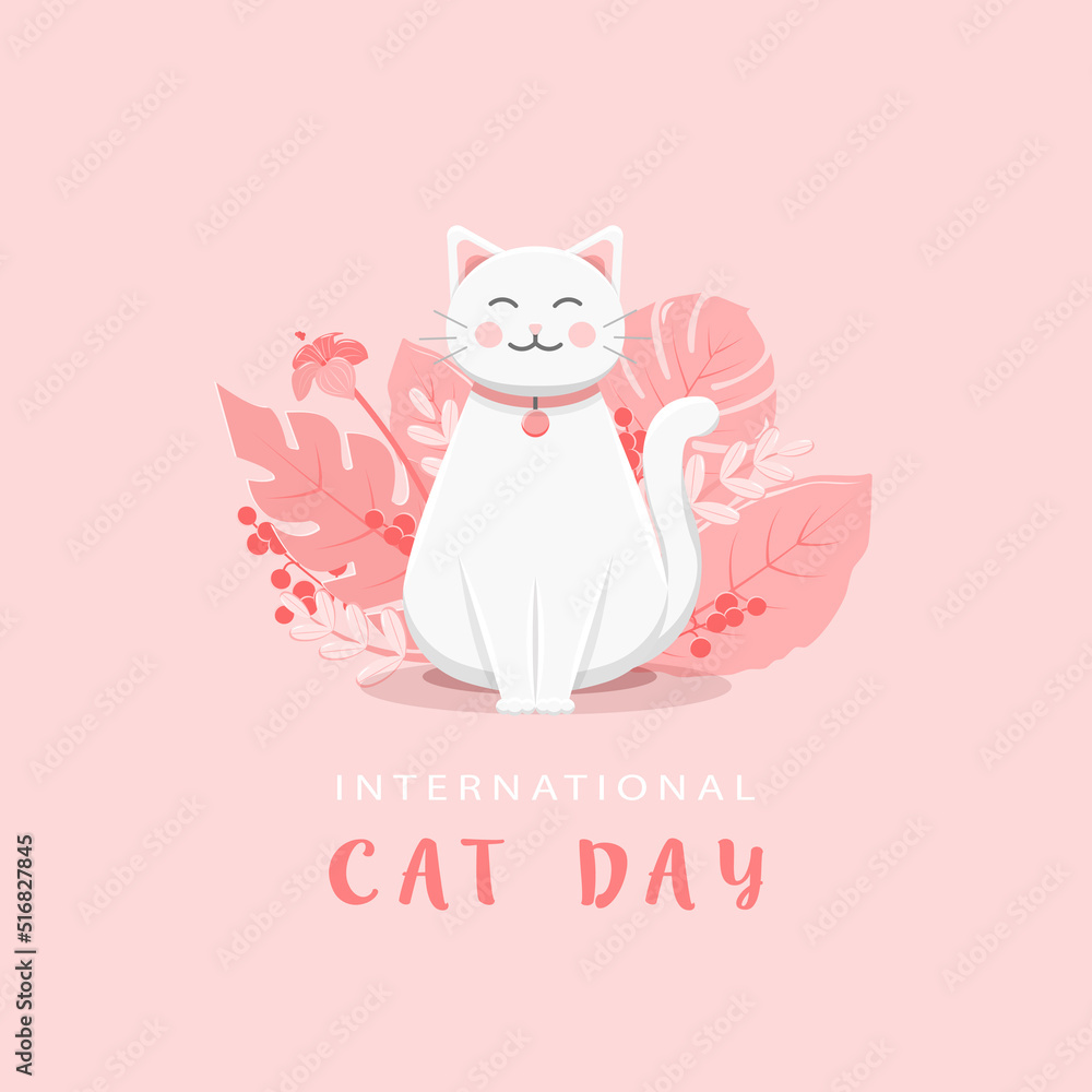 International cat day with white cat and leaves in pink colors International cat day with white cat and leaves in pink colors