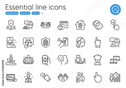 Winner, Checkbox and People chatting line icons. Collection of Hold heart, Hand click, Business statistics icons. Outsource work, Click hand, Security agency web elements. Communication. Vector