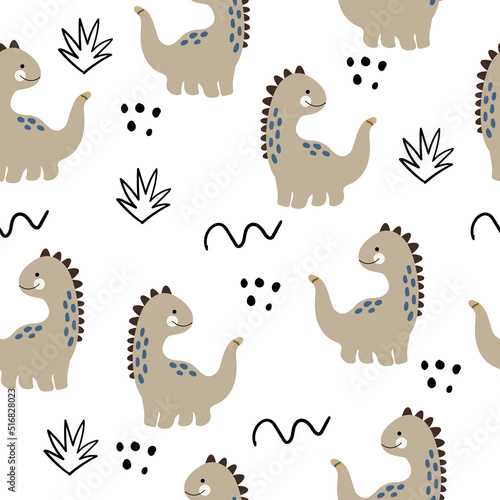 Vector hand drawn seamless pattern with cute dinosaurs. Dino  bushes  dots and doodles. Scandinavian style. For decorating a children s wall  wallpaper  clothes and textiles.